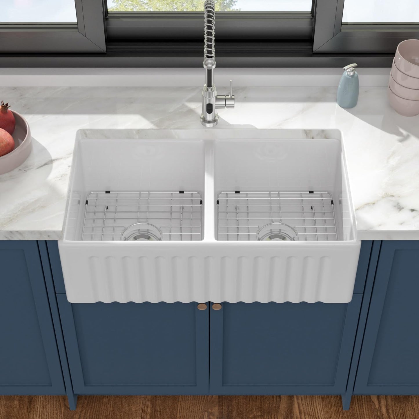 Dcolora 33 In. White Fireclay Farmhouse Sink Reversible Apron Front Design, 50/50 Double Bowl Ceramic Porcelain Kitchen Sink, 33"W×18"D×10"H #DC-A8871