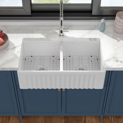 Dcolora 33 In. White Fireclay Farmhouse Sink Reversible Apron Front Design, 50/50 Double Bowl Ceramic Porcelain Kitchen Sink, 33"W×18"D×10"H #DC-A8871