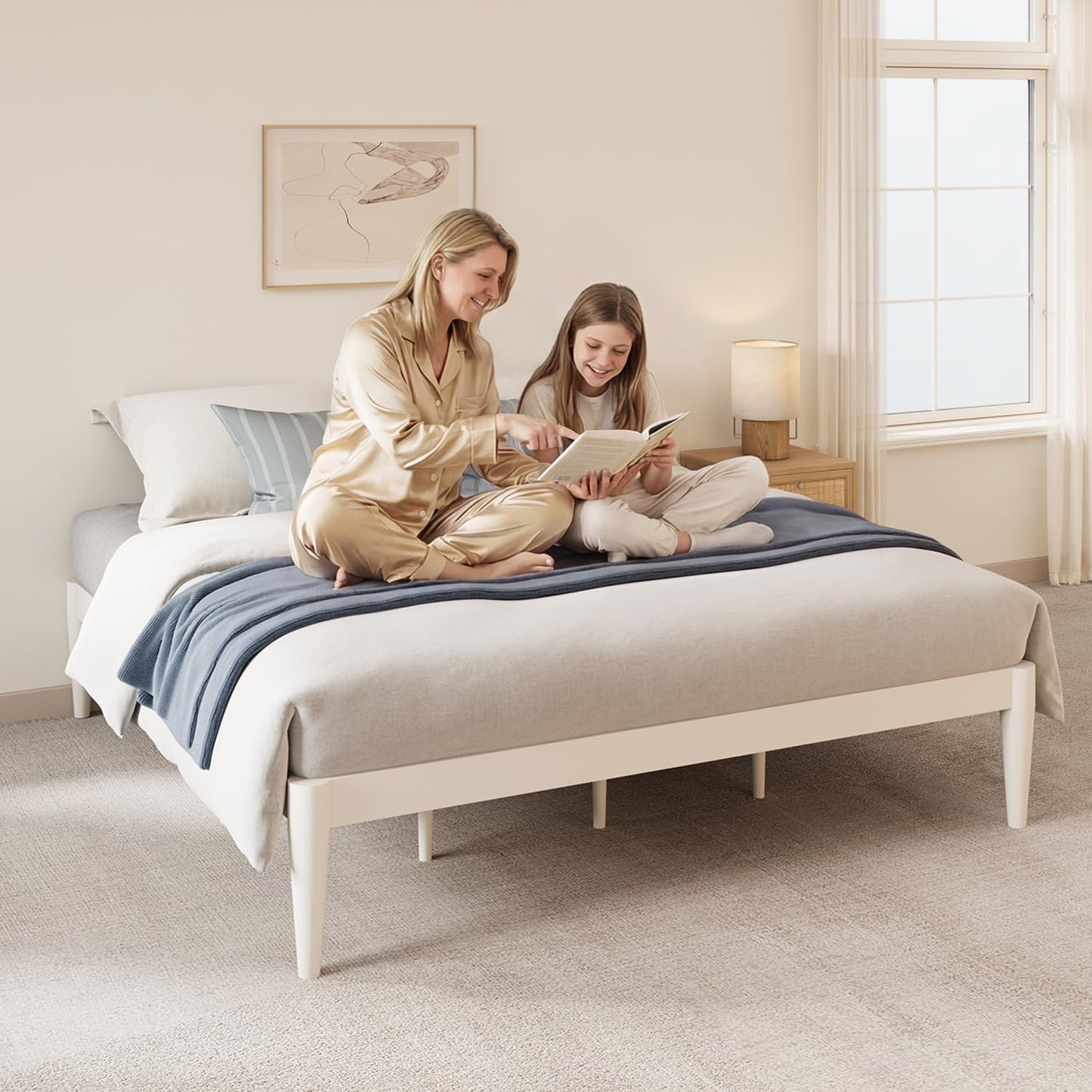 IOTXY King Platform Bed Frame - Solid Wood 16-Inch Height Mattress Foundation Base with Densely Slats and Heavy-Duty Support Legs, No Box Spring Needed, White