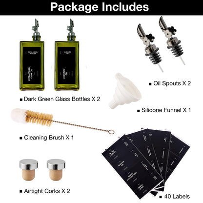MUVEKA Olive Oil Dispenser Bottle for Kitchen, 16.9oz /500ml Cooking Vinegar Dispenser Bottle Set, Glass Sauce Container, Labels, Brush, Funnel, Stoppers, Green for Oil, Wine