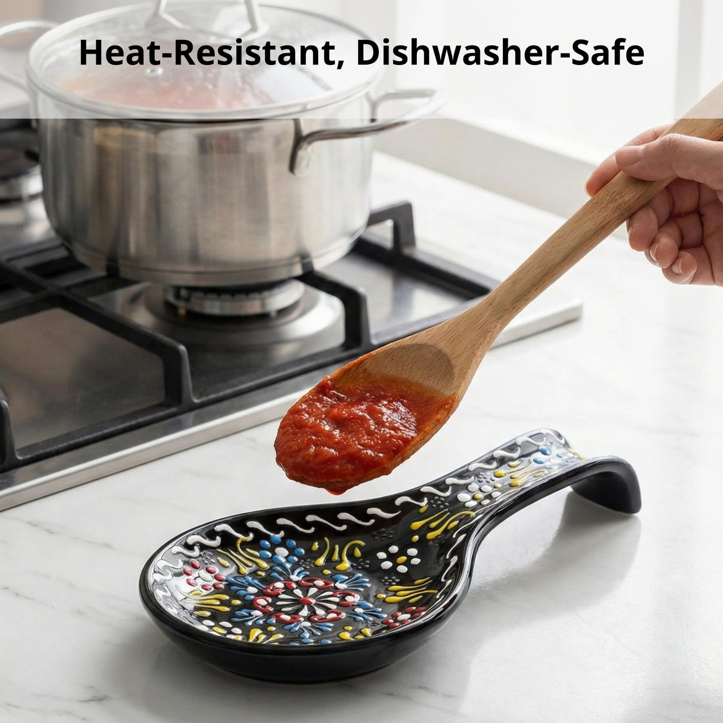 BCS Ceramic Spoon Rest, Large 9” Hand Painted Spoon Holder for Stove Top & Kitchen Counter, Dishwasher Safe & Heat Resistant Utensil Holder, Floral Kitchen Decor, Handmade Pottery