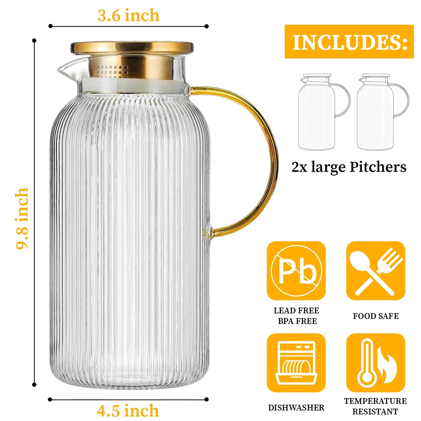 2 Pack Glass Pitcher with Lid, 68 oz/2 Liter Vertical Stripe Round Pitcher with Handle, Heat Resistant, Suitable for Refrigerator Storage, Iced Tea, Coffee, Lemonade, Juice, and Beverage Container