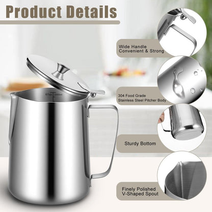 67 oz 304 Stainless Steel Pitcher with Lid, 2 L Large Mouth Graduated Beakers, Large Metal Measuring Cup with Handle, Milk Frothing Jug for Latte Art, Espresso Machines, Iced Tea