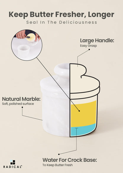 Radicaln Marble Butter Keeper 4.25'' Inches White Handmade French Butter Holder For Kitchen Counter Decor Ideal Butter Crock For Counter With Water & Butter Crock For Kitchen