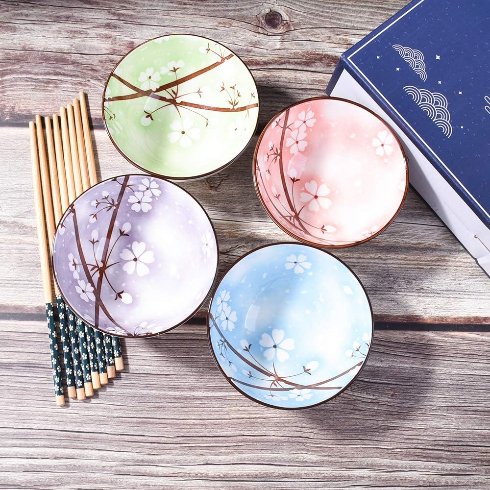 Ceramic Snack Bowl Set of 4 with Chopsticks, Cereal, Rice, Soups, Four Colors: Green, Blue, Pink, Purple, Beautiful Box