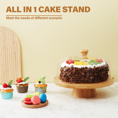 Timboops Home Bamboo Cake Stand with Lid, 6-in-1 Multifunctional Cake Plate, Cake Holder, Serving Tray, Fruit Platter, Salad Bowl, Dessert Table Display & Acrylic Cake Dome Cover