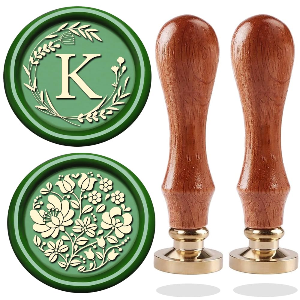WUERLIN Initial Letter Alphabet K Wax Seal Stamp - Wicker Eucalyptus Sealing Stamp With Flower for Wedding Invitation, Gift Wrap, Envelopes, Christmas Card