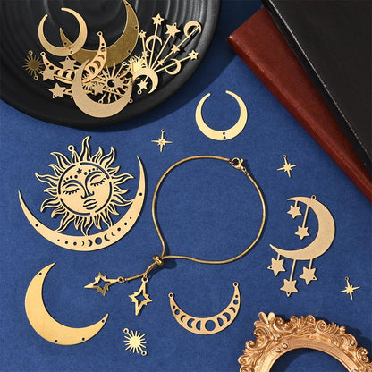 SUNNYCLUE 1 Box 19Pcs 10 Styles Filigree Star Charms Flat Connector Link Charms Brass Gold Hollow Sun Moon Retro Vintage Joiners Links Pendants Findings for Jewelry Making Necklace Bracelet DIY Craft