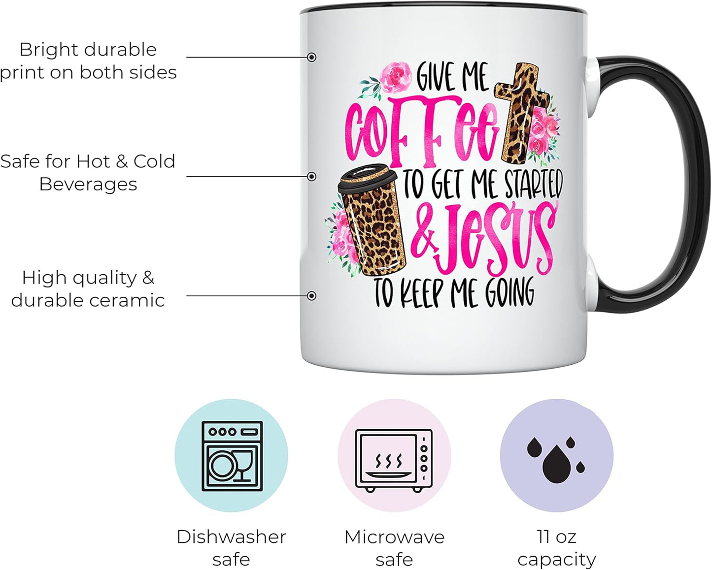 YouNique Designs Coffee & Jesus Christian Mug, 11 Ounces, Black Handle, Scripture Coffee Mug for Women