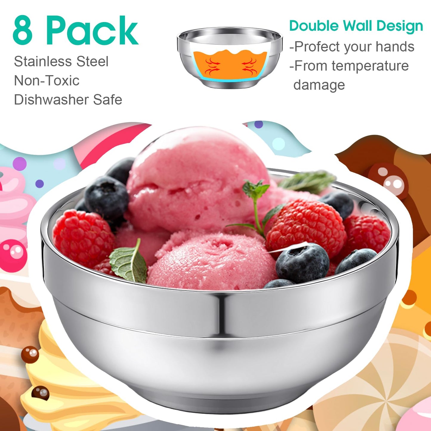 Funnymoom 8 Pack 24 oz Stainless Steel Bowls Double Walled Insulated Soup Ice Cream Metal Mixing Nesting Bowls for Serving Soup Rice Cereal (304 Stainless Steel)