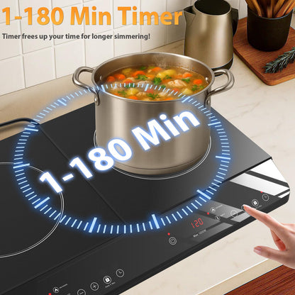JollyOne Double Burner Induction Cooktop, 1800W Portable Induction Cooktop 2 Burner with 9 Temp & Power Independent Touch Control, Electric Stove Top Cooker with Safety Lock, 3 Hour Timer