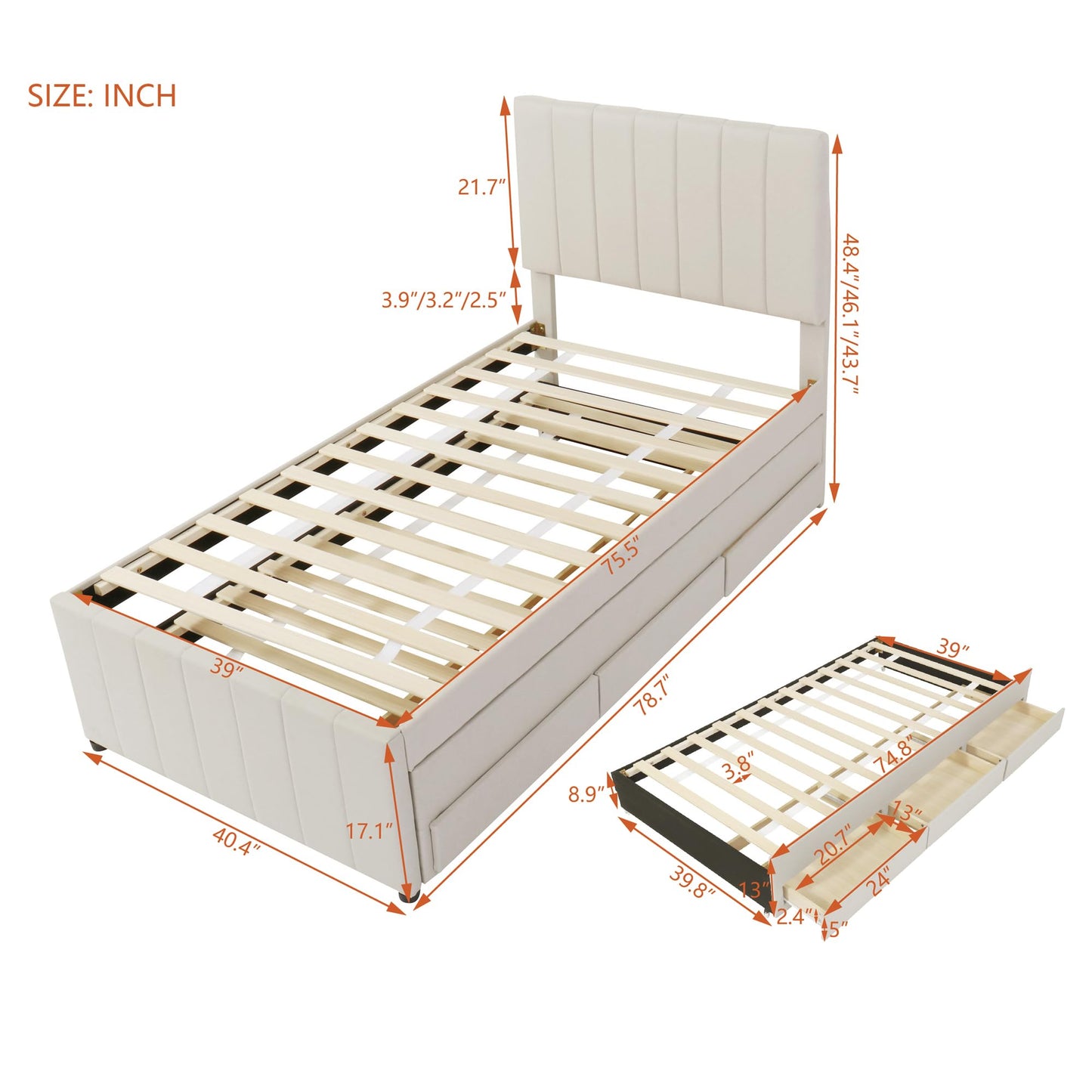 Merax Twin Size Bed Frame with Trundle and 3 Storage Drawers, Elegant Linen Upholstered Platform Bed with Stripe Headboard for Bedroom, Small Spaces, Solid Wood Slats Support, Easy Assembly, Beige
