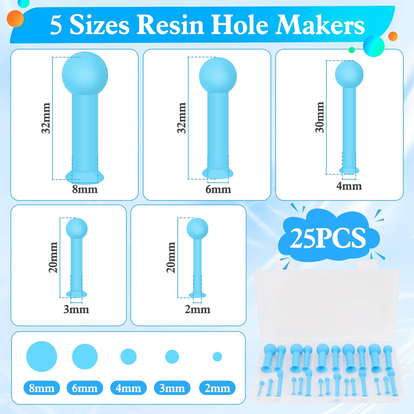 25 PCS Hole Maker for Resin - 5 Sizes(2/3/4/6/8mm), AHIER Suction Silicone Holes Tools Without Drilling for Epoxy & UV Resin Molds Tools for Making Jewelry, Keychain, Earring, Pendant DIY Craft