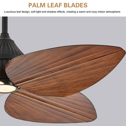 Fanyank 52“ Leaf Ceiling Fan with Light, Remote and App Control, 6 Speed Reversible, 3 Color Dimmable, Tropical Coastal Fandelier Ceiling Fans, for Bedroom, Living Room (Dark Brown)