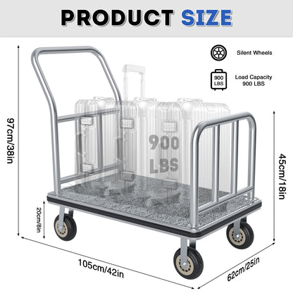 Hotel Luggage Cart, 900LBS Load Capacity Bellman's Cart with 8" Wheels, Brushed Stainless Steel Commercial Grade Hotel Luggage Trolley with Grey Carpeted Deck for Hotels (42''L x 25''W x 38''H)