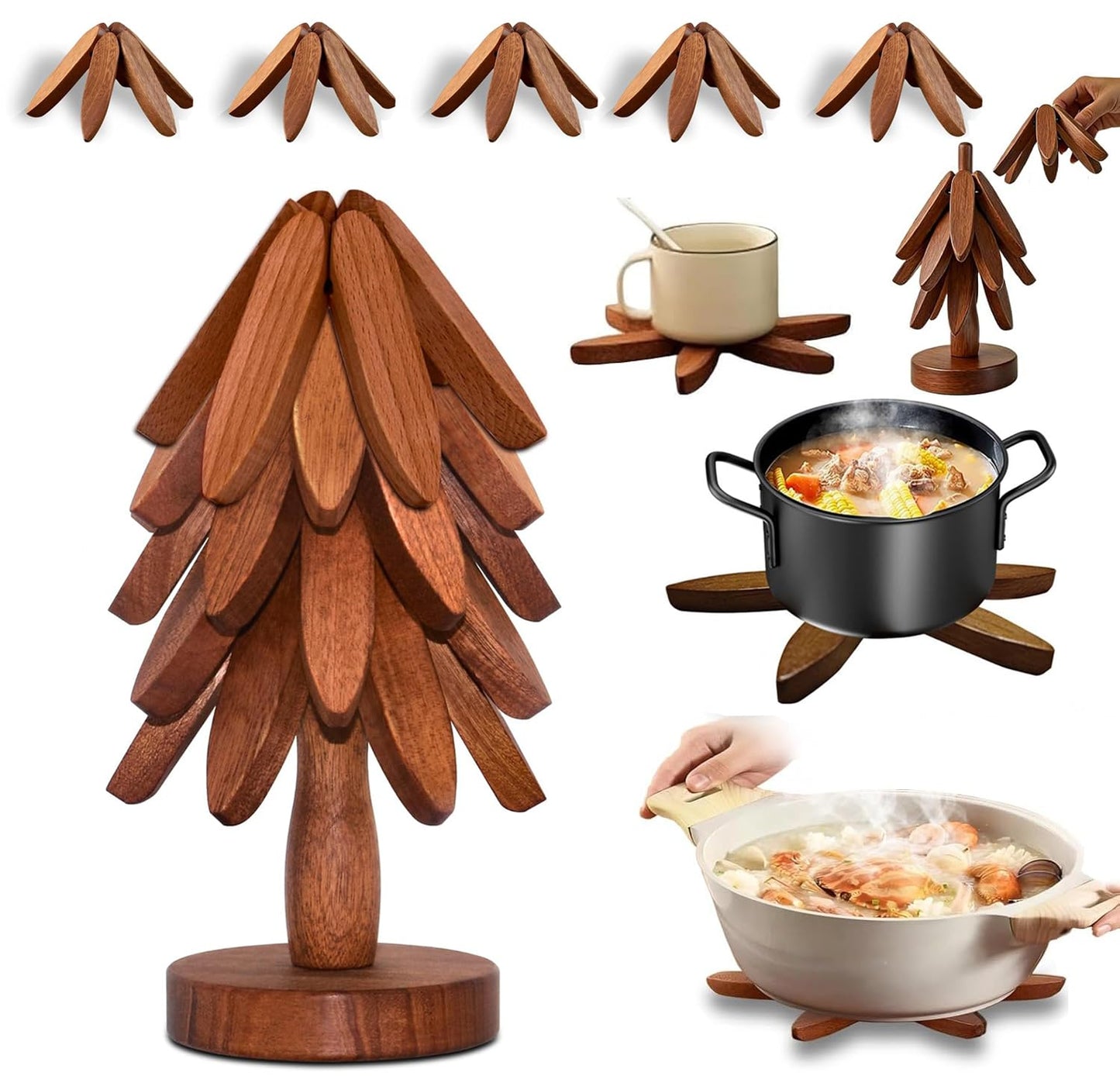 Wooden Trivets for Hot Dishes, Tree Shape Trivet Set, 5 Walnut Wood + 1 Stand stored Like a Christmas Tree,Foldable Kitchen Wooden Trivet,for Hot Dishes、Pot、Bowl、Teapot、Hot Pot Holder(Walnut Wood)