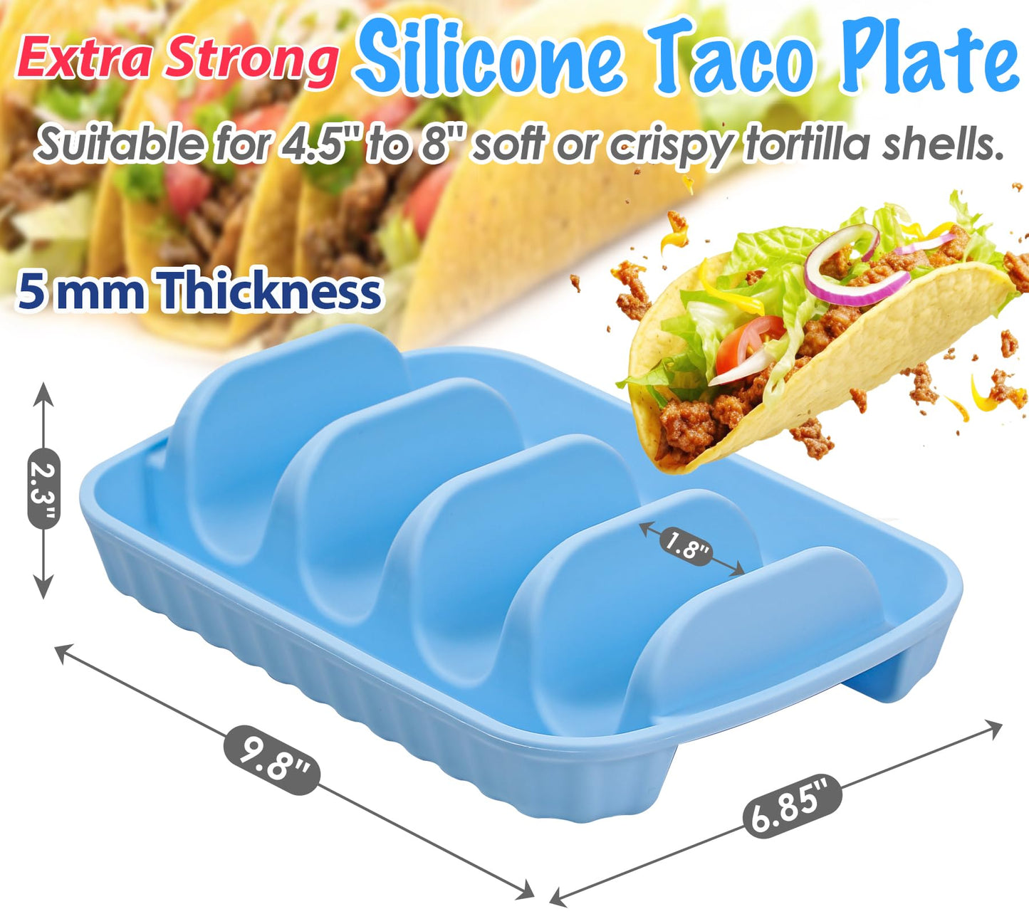 Webake 3 Packs Extra Strong Silicone Taco Holder 5mm Thickness, BPA Free & Macrowave Safe, 9.8" Large Reusable Divided Taco Plates, Effortlessly Portable & Dishwasher-Safe