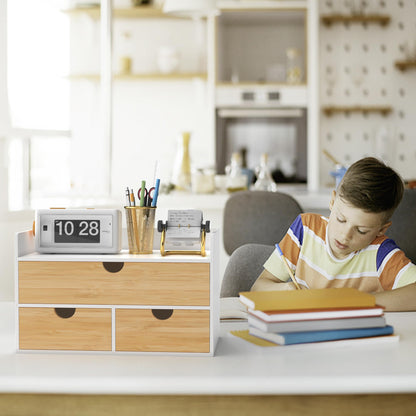 Desk Organizer with Drawers - Bamboo Desktop Organizer Storage | White-Natural Wood Desk Drawers Organizer for Bills, Office Supplies, Cosmetics, Seals No Assembly Required