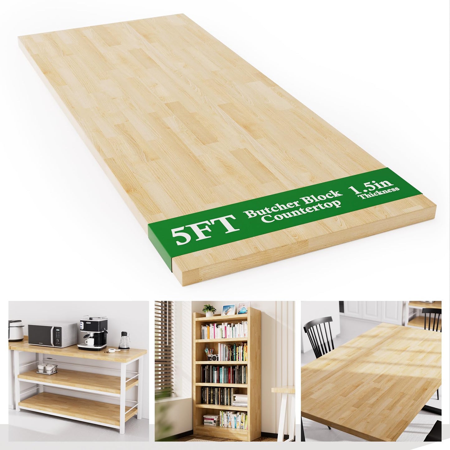 5FT Butcher Block Countertop Birch Solid Wood - 60" x 25" Table Top Butcher Block Cutting Board for Kitchen Island Living Dining Table Office Desk Workbench laundry Countertop Unfinished 1.5" Th