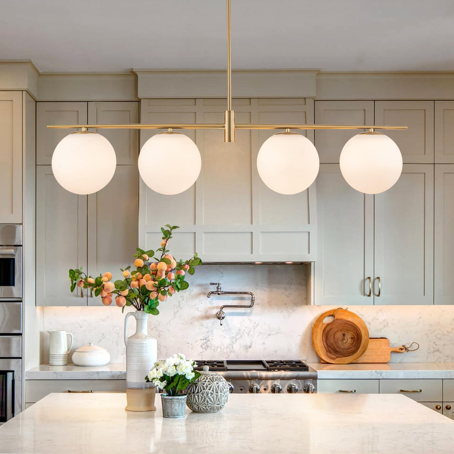 Zicbol 45.3" Modern Linear Chandelier 4-Lights Milk Glass Globe Linear Pendant Light Fixture Brushed Gold Mid Century Chandelier Kitchen Island Dining Room Light Fixture Over Table