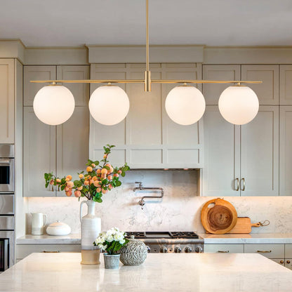Zicbol 45.3" Modern Linear Chandelier 4-Lights Milk Glass Globe Linear Pendant Light Fixture Brushed Gold Mid Century Chandelier Kitchen Island Dining Room Light Fixture Over Table