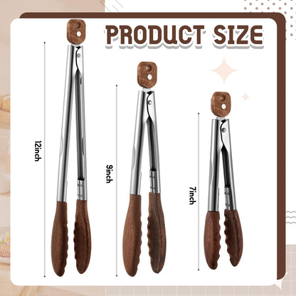 Honeydak 3 Pcs Wooden Tongs for Cooking 7" 9" 12" Wood Tip Serving Tongs with Locking for BBQ Salad Cooking and Grilling, Includes Anti-slip Handle with Hanging Hole