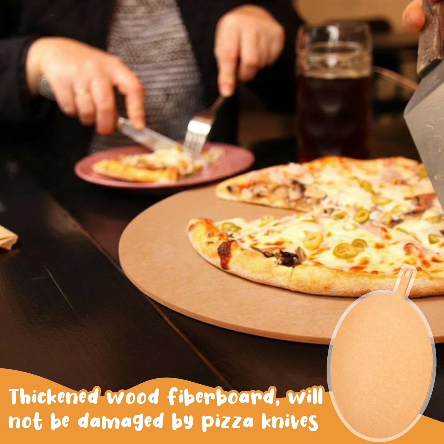 Lounsweer 22" × 18" Round Pizza Board with Handle, Wood Fiber Pizza Peel, Non-slip Cutting & Serving Board, Heavy Duty Wooden Serving Tray for Baking, Charcuterie & Kitchen Use
