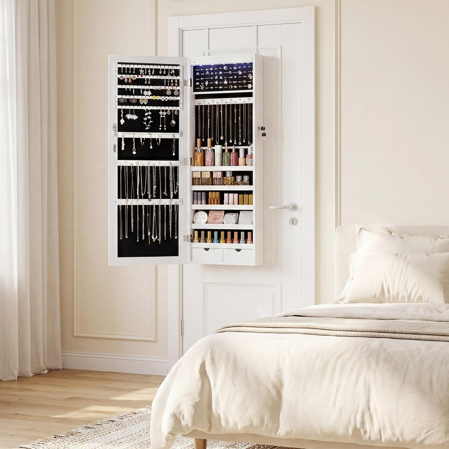 DUMOS 6 LEDs Mirror Jewelry Cabinet, Wall or Door Mounted Jewelry Organizer, 47.2-Inch Tall Lockable Large Capacity Cosmetic Storage, Gift Idea, White
