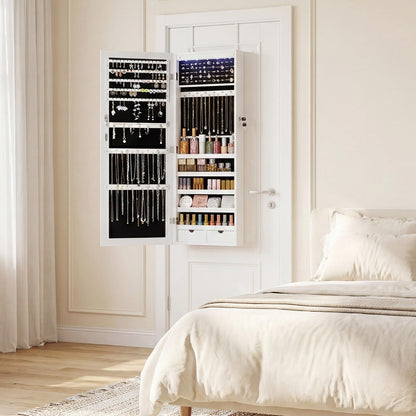 DUMOS 6 LEDs Mirror Jewelry Cabinet, Wall or Door Mounted Jewelry Organizer, 47.2-Inch Tall Lockable Large Capacity Cosmetic Storage, Gift Idea, White
