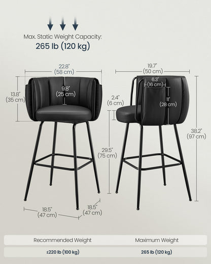SONGMICS HOME 360° Swivel Bar Stools Set of 4, Barstools with Curved Back, Upholstered Counter Bar Stools with Footrest, Metal Tapered Legs, for Kitchen Island, Dining Room, Ink Black ULBC123BH01S-2J