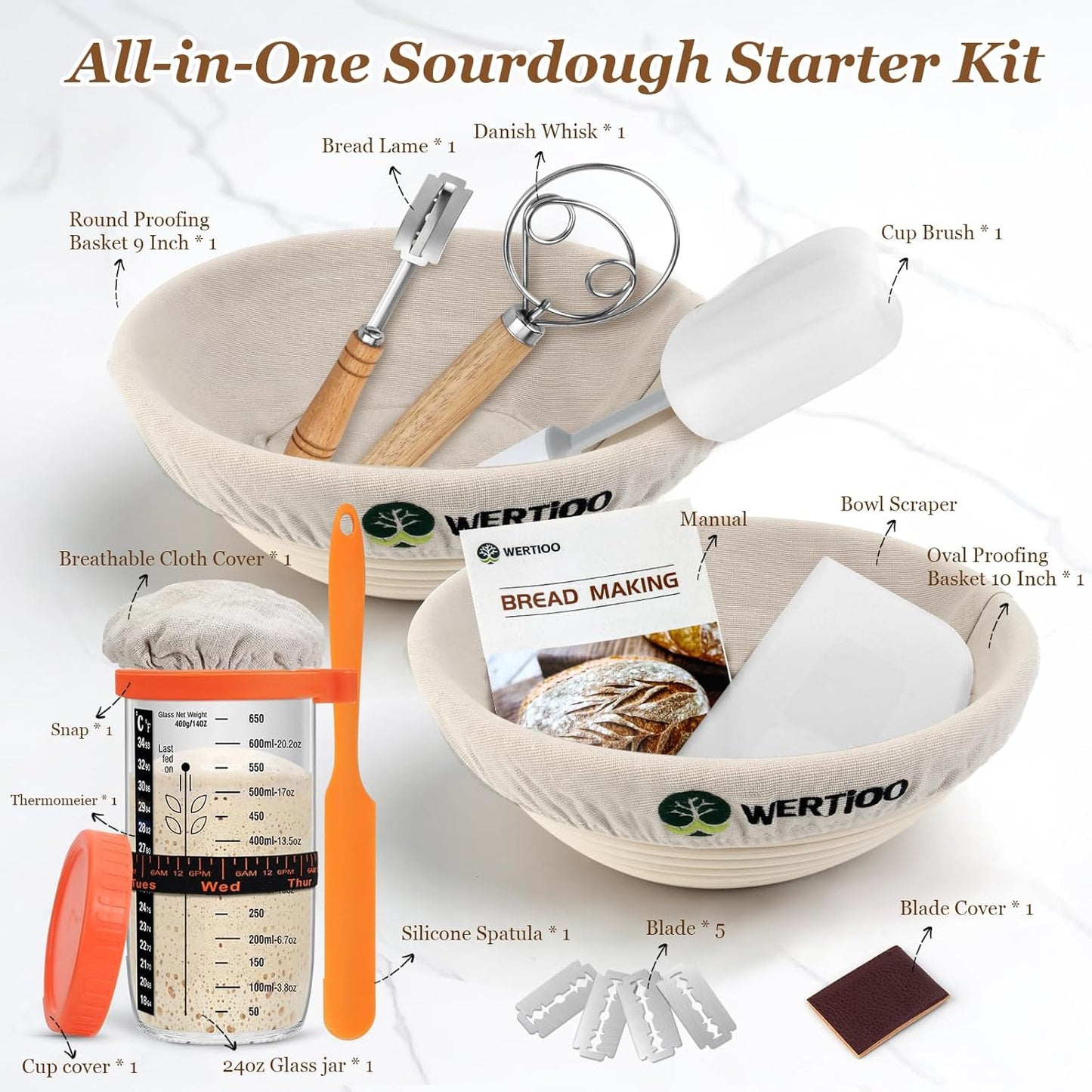 2 9 Inch 24 Oz Sourdough Bread Baking Supplies, Sourdough Starter Kit, Round Banneton Bread Proofing Basket with Glass
