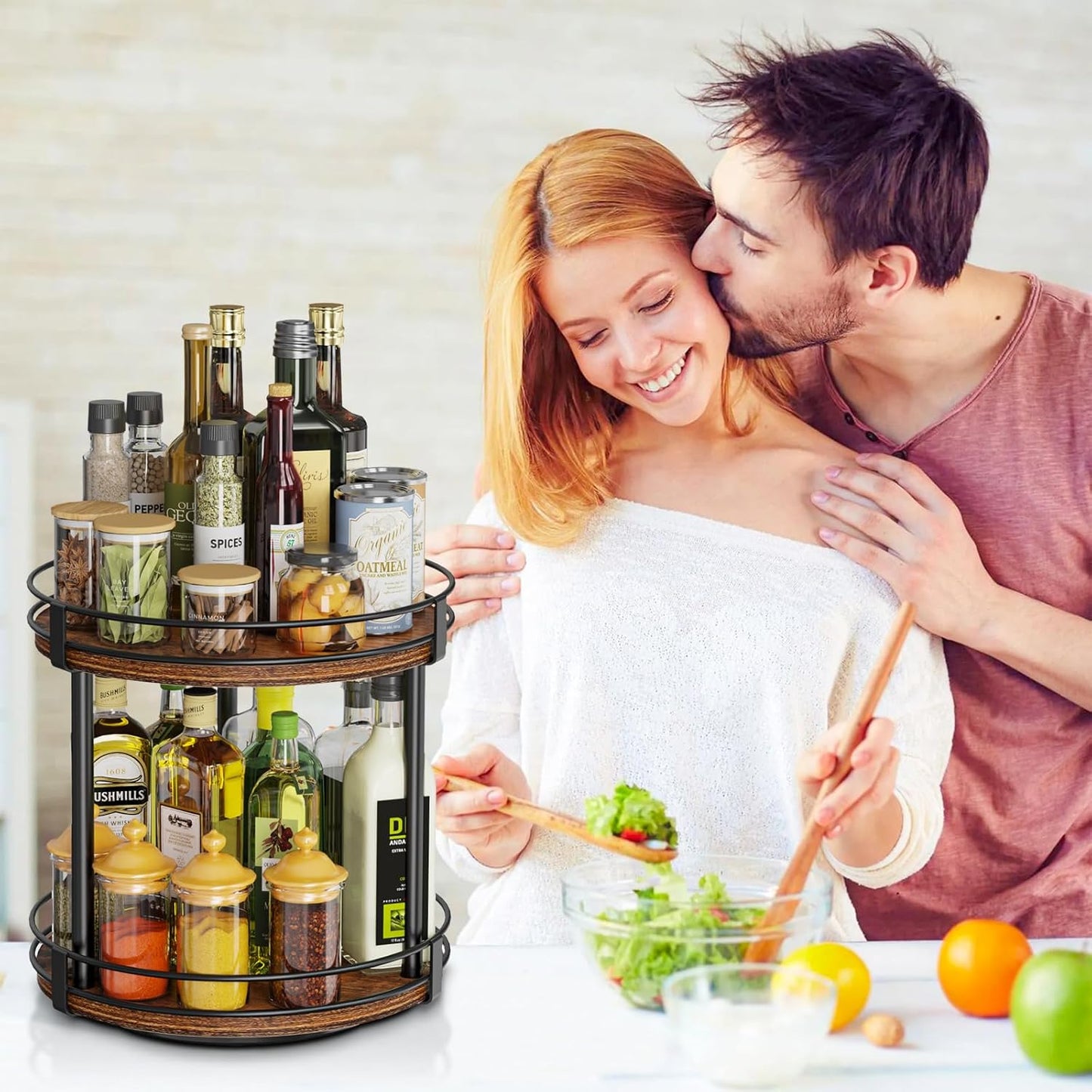 2 Countertop 10.2" 10.2" 10.4" Snughome Rotating Spice Rack, Tier Lazy Susan Organizer, Wood Kitchen Organizer, Brown