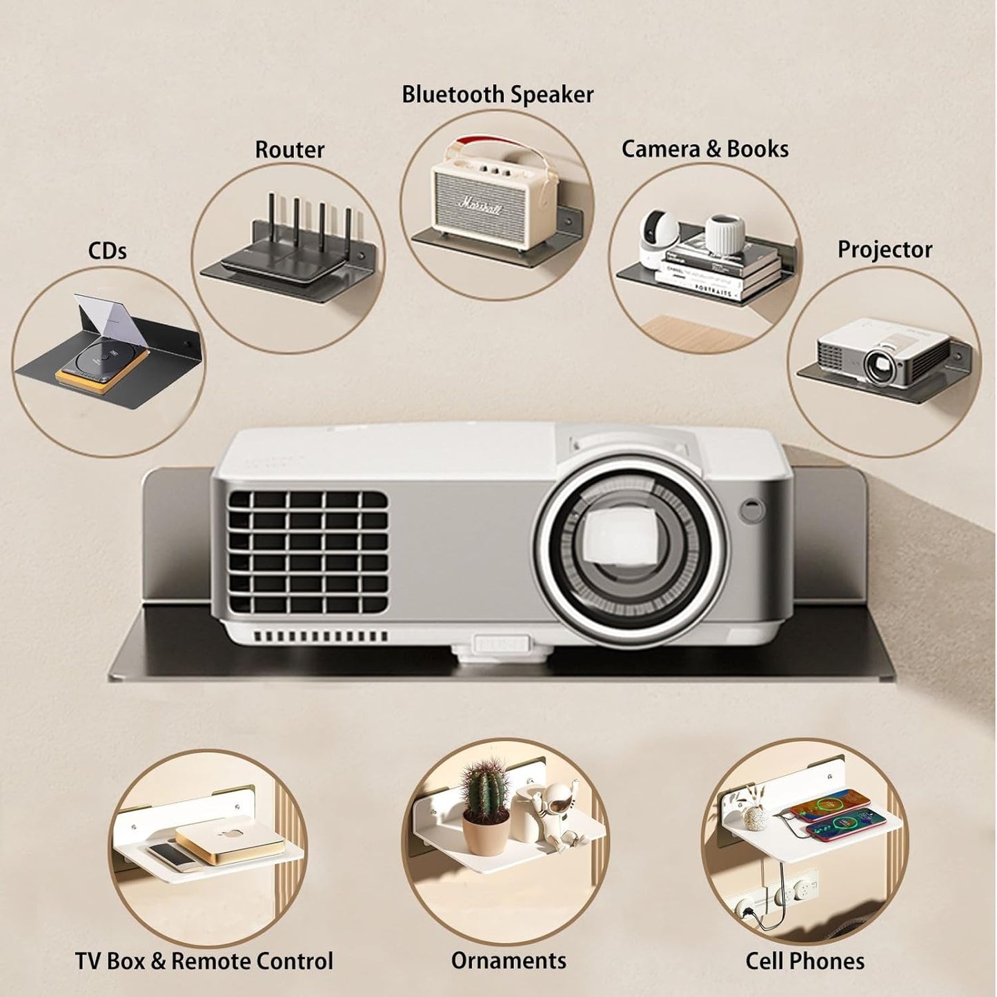 Projector Wall Mount Shelf Floating, Metal Projector Shelf for Wall, No Drilling Projector Stand for Cable Box