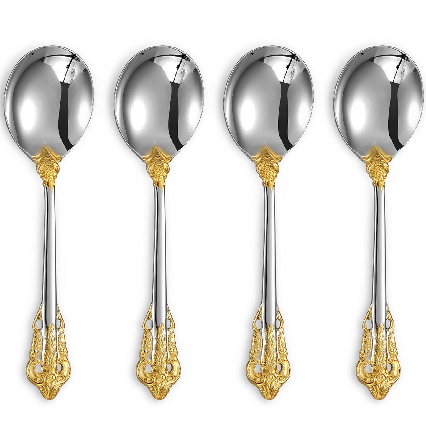 KEAWELL Gorgeous Round Soup Spoon, Set of 4, 18/10 Stainless Steel, Luxury Bouillon Spoon, Dishwasher Safe, Fine Mirror Polished (Gold Accent)