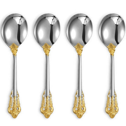 KEAWELL Gorgeous Round Soup Spoon, Set of 4, 18/10 Stainless Steel, Luxury Bouillon Spoon, Dishwasher Safe, Fine Mirror Polished (Gold Accent)