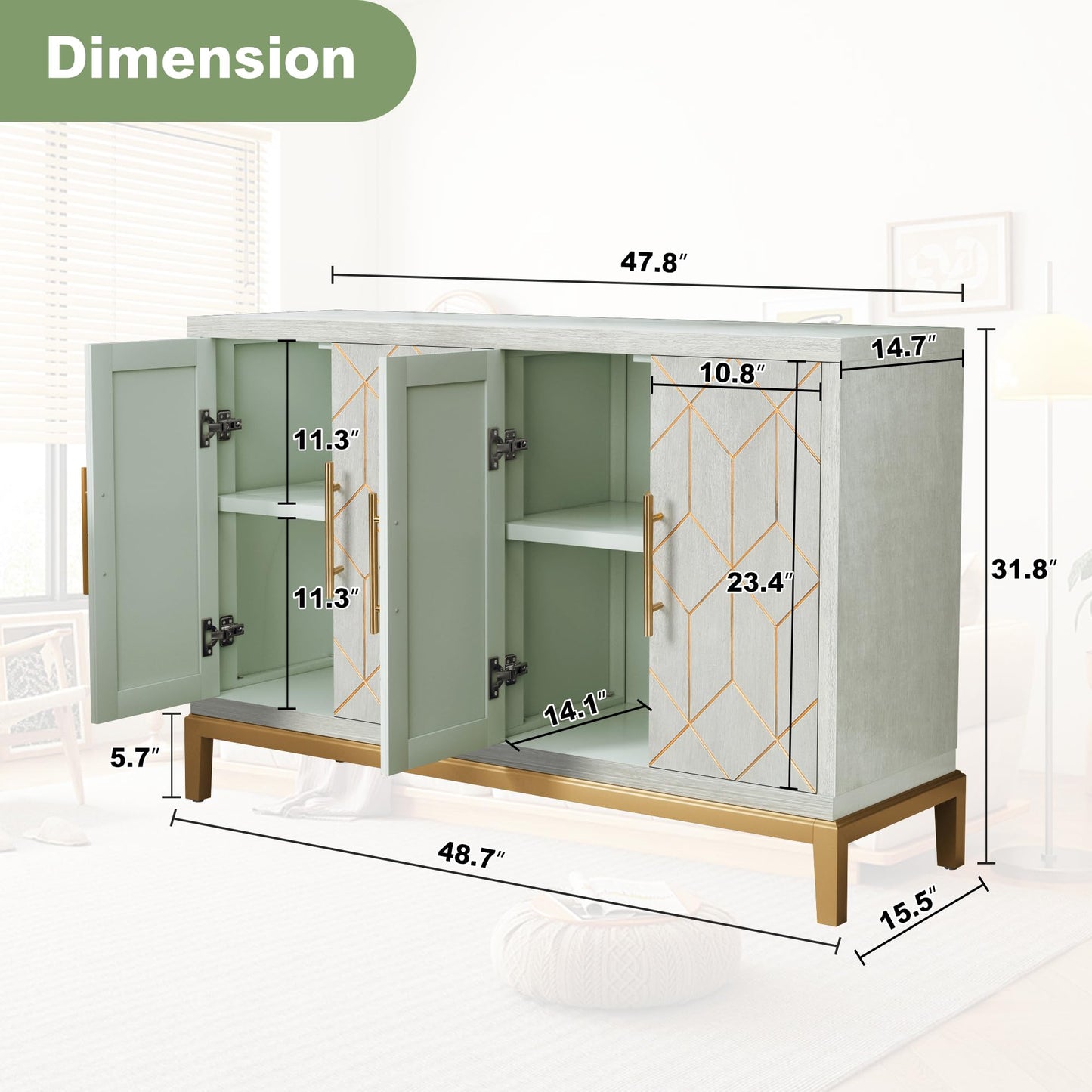 ARTPOWER Accent Cabinet with 4 Doors, Modern Credenza Storage Cabinet, Carved Decorative Buffet Sideboard for Living Room, Kitchen, Office, and Hallway, Green