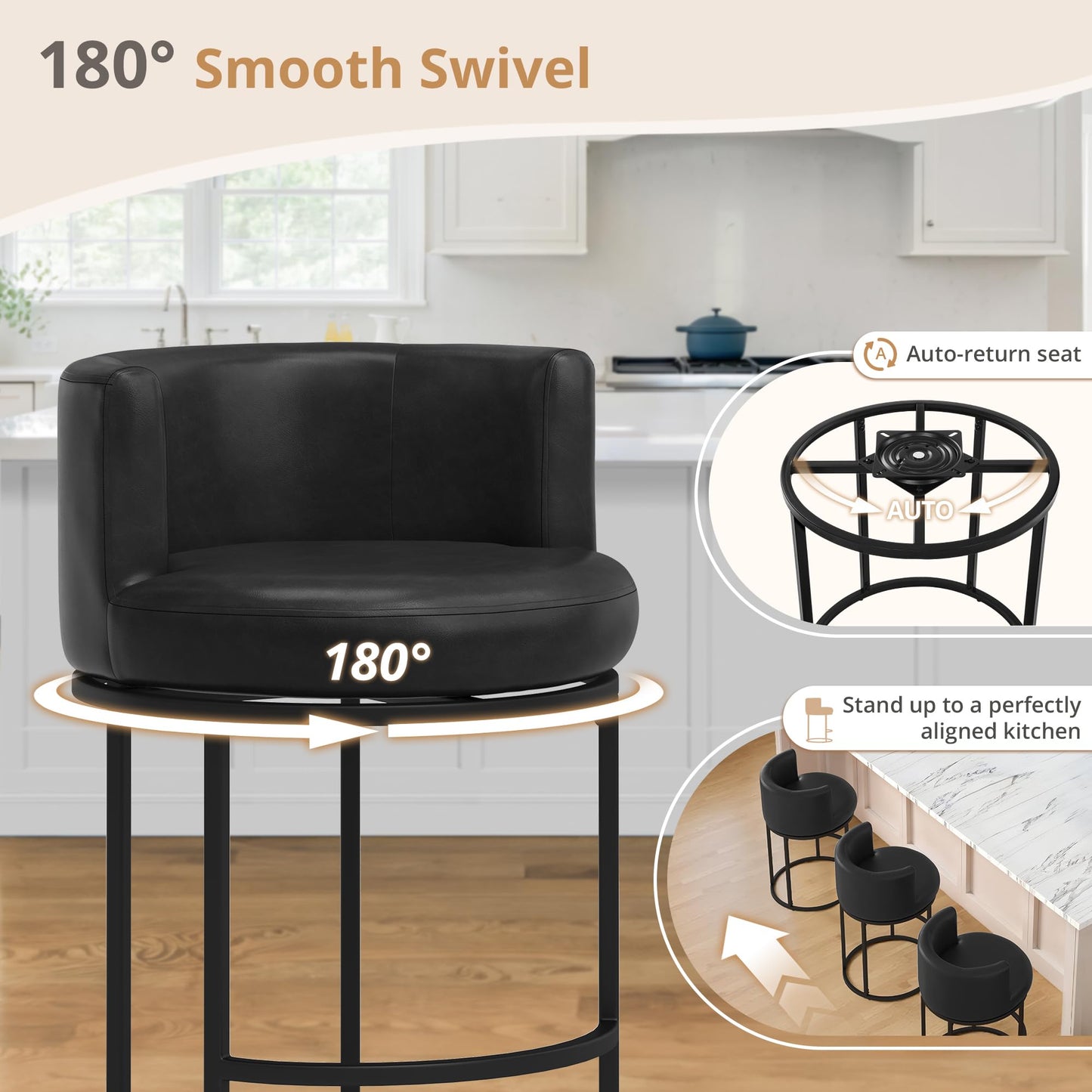 LUE BONA 26.8" Counter Height Bar Stools Set of 3, 180° Swivel Bar Stools, Modern Barrel Counter Stools with Back and Metal Frame, Faux Leather Upholstered Barstools for Kitchen Island, Black