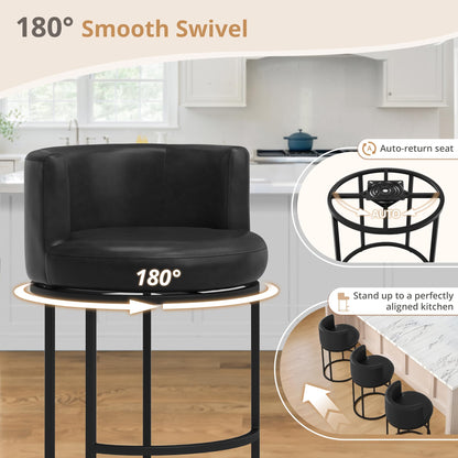 LUE BONA 26.8" Counter Height Bar Stools Set of 3, 180° Swivel Bar Stools, Modern Barrel Counter Stools with Back and Metal Frame, Faux Leather Upholstered Barstools for Kitchen Island, Black