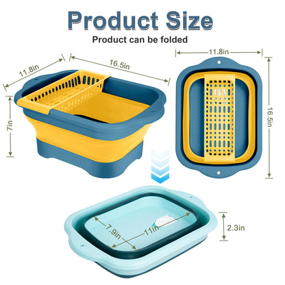 2Pack Collapsible Dish Basin with Drain Plug and Portable Sink, 11L(2.91 Gallon) Collapsible Bucket with Sink, Foldable Wash Basin for Station Campin/Camping/Rv/Kitchen (Green and Yellow)