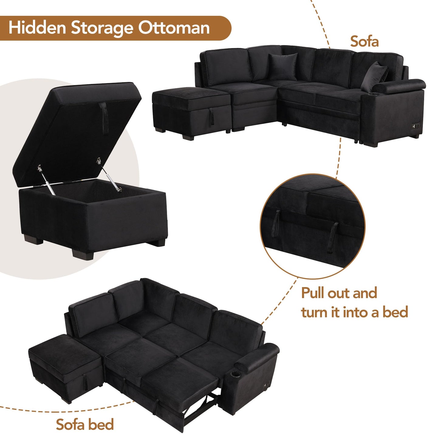 Ball & Cast 84" Convertible Sectional Sofa Bed,L-Shaped Sleeper Couch w/Storage Ottoman,Cup Holder and Charging Stations,Put Out Sofas w/Chaise,for Living Room and Small Apartment,Black