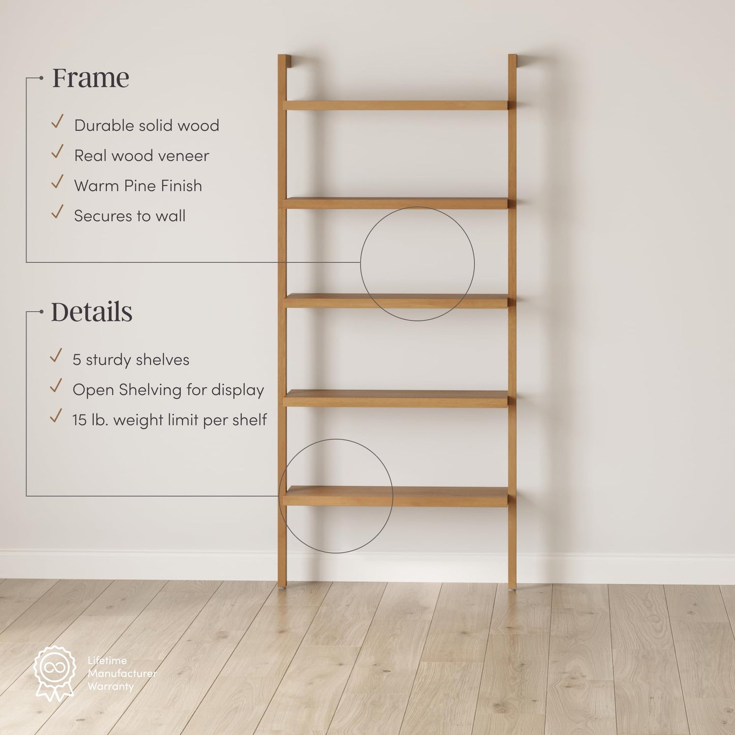 Nathan James Beacon Bohemian 5 Tier Bookshelf, Wall Mounted Bookcase, Solid Wood Bookshelf in Warm Pine, Set of 2