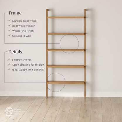 Nathan James Beacon Bohemian 5 Tier Bookshelf, Wall Mounted Bookcase, Solid Wood Bookshelf in Warm Pine, Set of 2