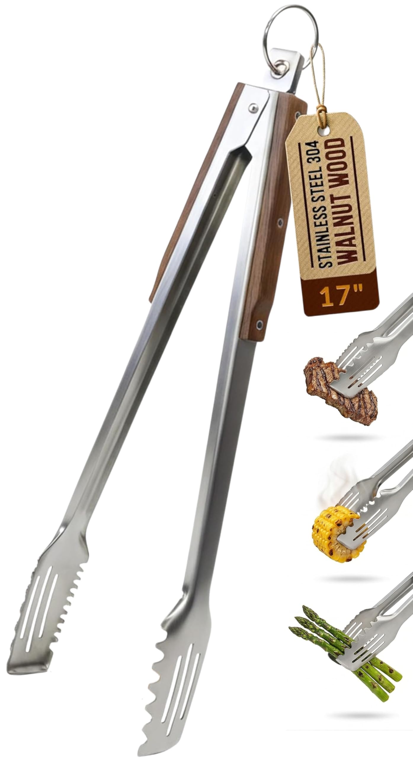 17-Inch Grill Tongs, Heavy Duty 304 Stainless Steel BBQ Tongs, Extra-Long Locking Grilling Tongs for Outdoor Grill & Smoker, Walnut Handle, Gift Pouch