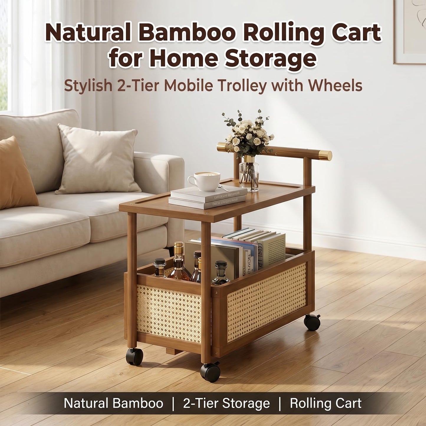 CTESNE【2-Tier Wooden Storage Organizer Shelf】 Bookcase with Wheels & Handle,Storage Shelves for Bathroom, Kitchen, Office, Craft, Makeup