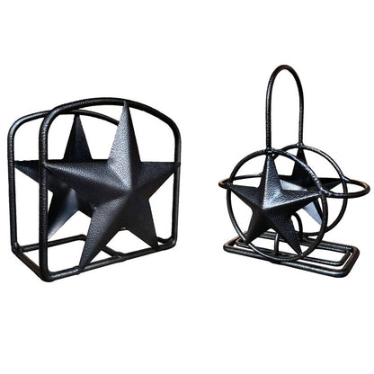 Black Rustic Texas Star Paper Towel Holder, Napkin Holder, Salt and Pepper Shakers Holder, Country Farmhouse Iron Kitchen Counter Accessory Set Holders (Paper Towel, Napkin, S&P Holder (3 Piece Set))
