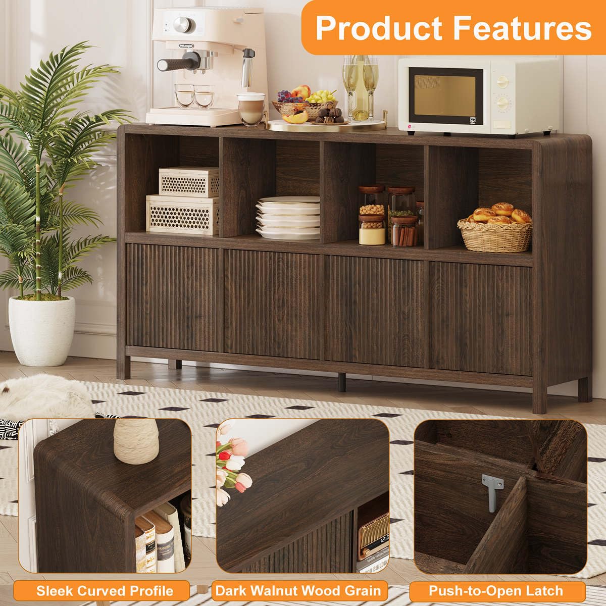 FATORRI 8 Cube Storage Organizer Bookshelf with Storage, Horizontal Bookcase with 4 Doors, Long Wooden Book Shelf for Living Room, Home Office (Dark Walnut)