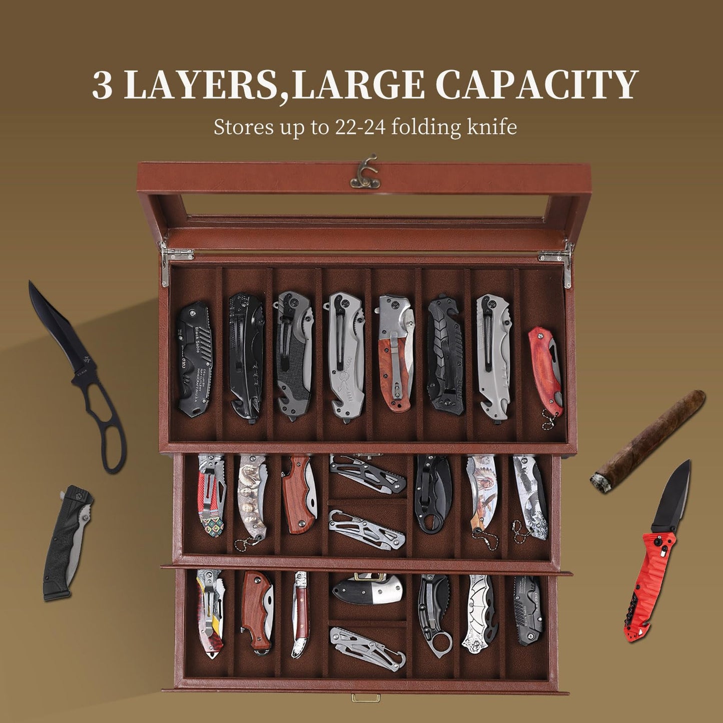 AUTOARK 3-Tier PU Leather & Velvet Knife Organizer with 26 Slots,Transparent Glass Top & Drawer,Compact Storage for Pocket Knives,Ideal for Men's Collections & Gifts,Coffee,MKAW013