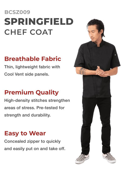 Chef Works Men's Springfield Chef Coat, Black, Small