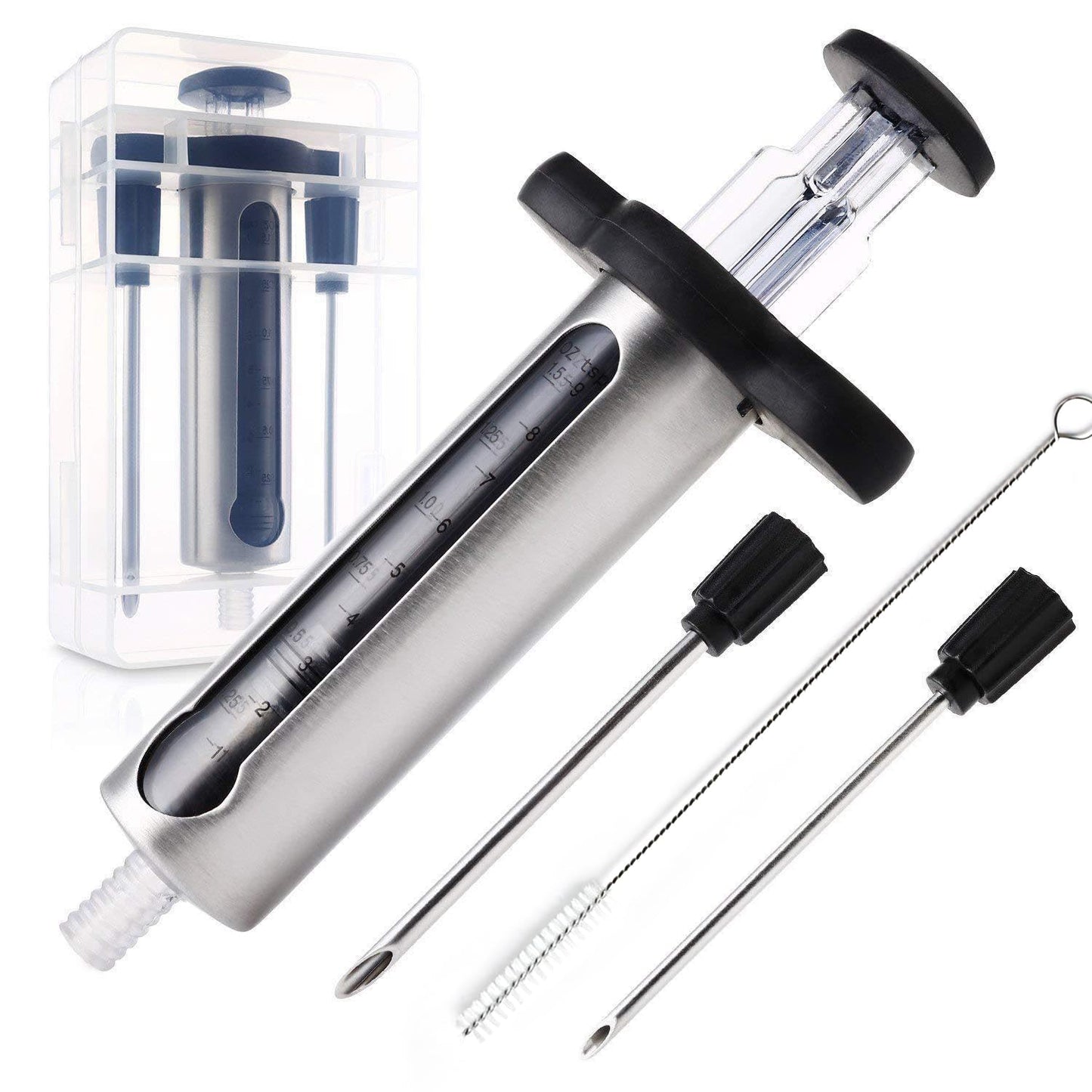 Meat Injector - 2 Stainless Steel Needles for Marinade, Brine & Flavor Injection, with Measurement Window & Cleaning Brush Perfect for Turkey, Chicken, Beef, Pork Smoking, Frying & Grilling(LPMI-02)
