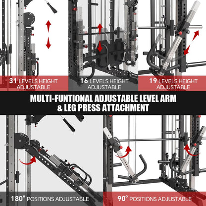 FAGUS H Black Commercial Smith Machine with Smith Bar, 4000LB Power Cage Squat Rack with Lever Arm, Leg Press, LAT Pull Down System, Multi-Function Linear Bearing Cable Crossover Machine for Home Gym